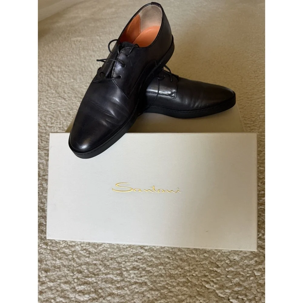 Santoni Black Leather Derby Lace Up Dress Shoes‎ Men's Size 7.5 Almond Toe